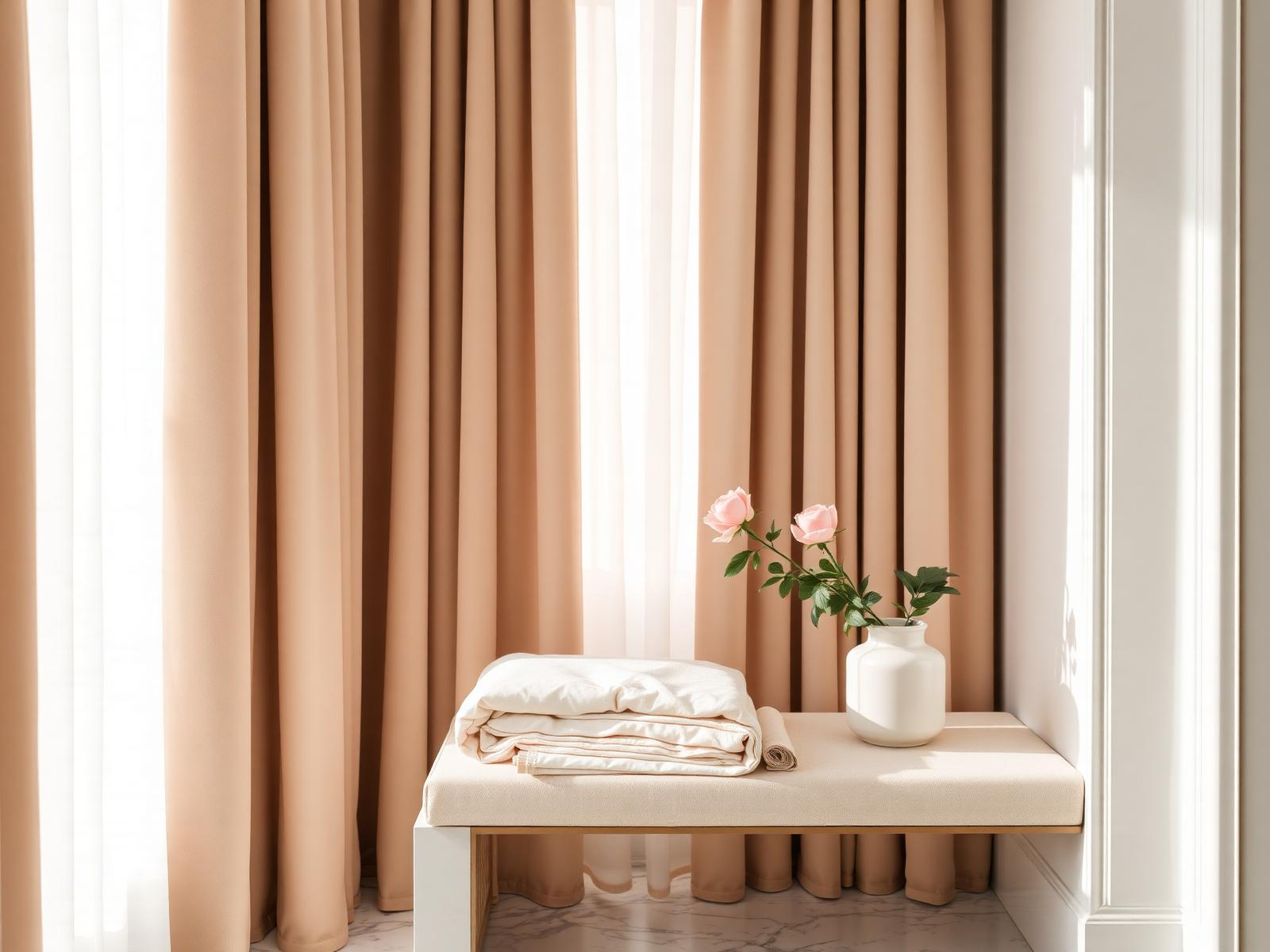 Softly lit interior with folded linens and blush roses